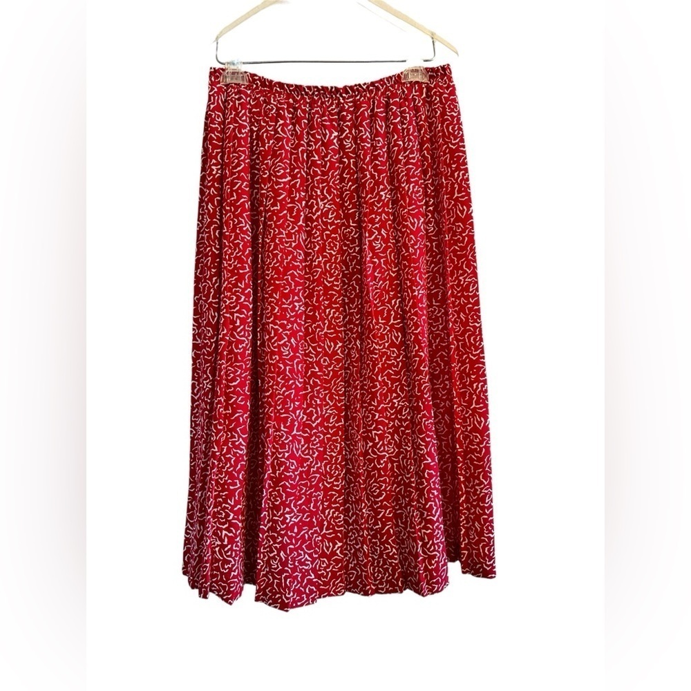 LESLIE FAY Vintage Red Pleated Skirt Abstract Design Stretch Waist - Size 10